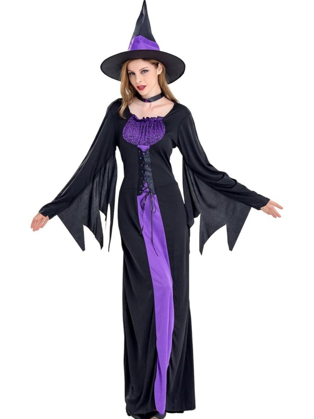 Women's Purple Witch Costume Dress Hat Choker Halloween Sorceress Fancy Outfit